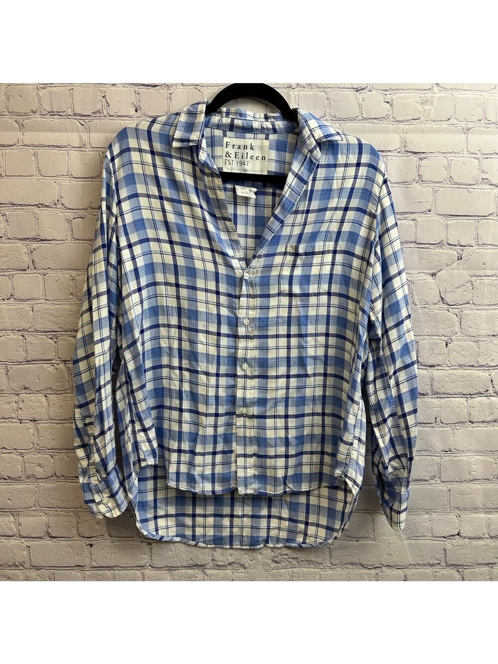 Frank & Eileen Relaxed Button-Up Shirt Blue Plaid Modal Women's Size XS